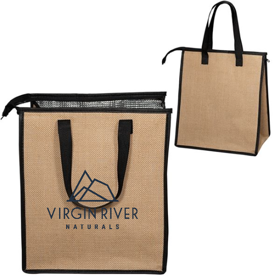 Two beige insulated tote bags with black handles and trim, one shown front-facing and one angled to the side, featuring the Virgin River Naturals logo printed on the front.