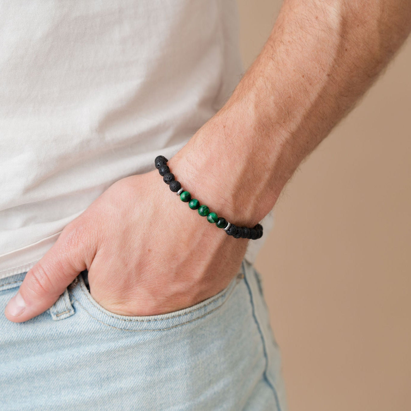 Natural Green Tiger Eye Stone And Black Lava