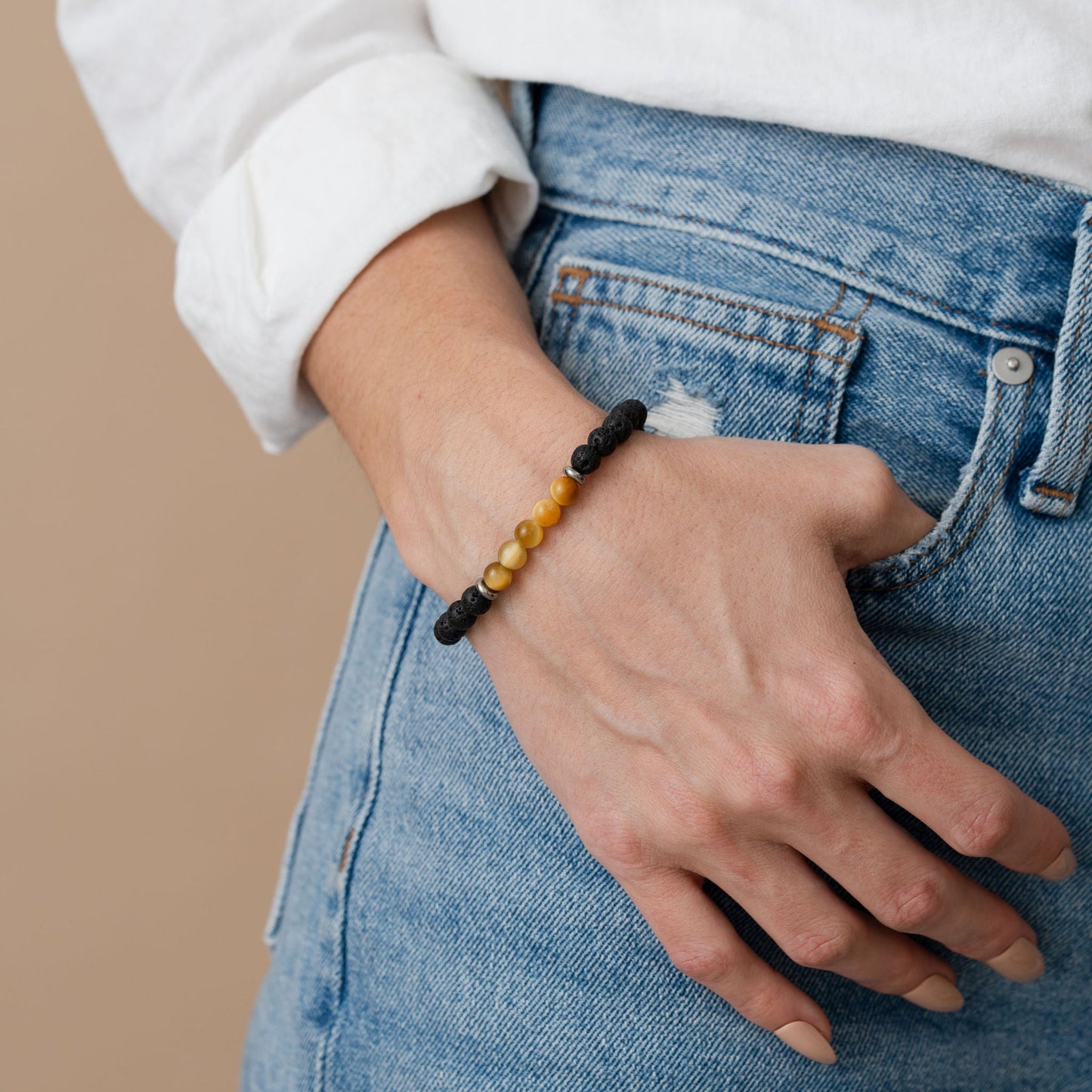 Natural Yellow Tiger Eye Stone and Black Lava