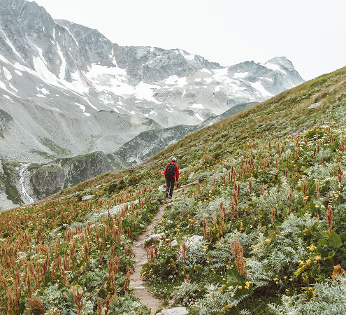 Member of the Sierra Club hiking in a snowy valley